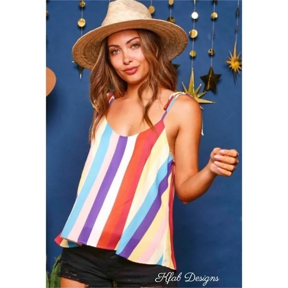 LAST 2! V Neck Fully Lined Rainbow Stripe Woven Tie Spaghetti Strap Top - Picture 2 of 10